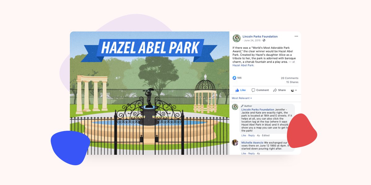 Screenshot of linked Facebook post, a cartoon illustration of Hazel Abel Park in Lincoln, Nebraska.