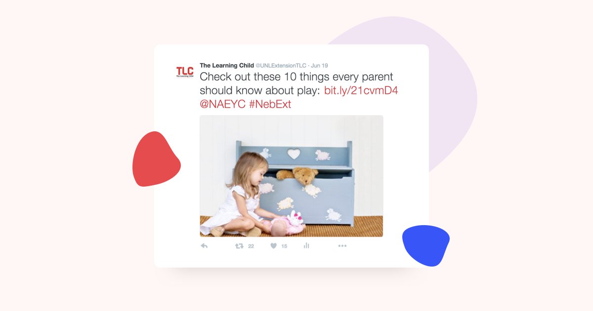 A screenshot of a tweet from The Learning child with a link to an article about 10 things every parents should know about play. The tweet contains an image of a child playing with toys by a toybox.